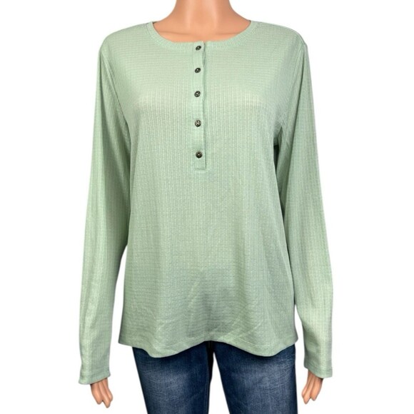 GH Bass Womens Large Light Green Shirt Top Textured Henley Long Sleeve T-Shirt - Picture 1 of 9